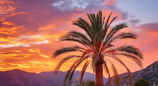 a palm tree is in front of a mountain range