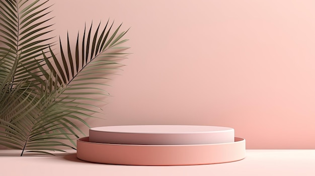 a palm tree is in front of a pink wall with a plant in the corner.