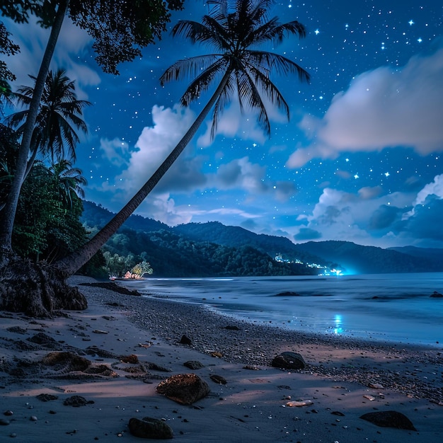 A palm tree is lit up at night with the stars in the sky