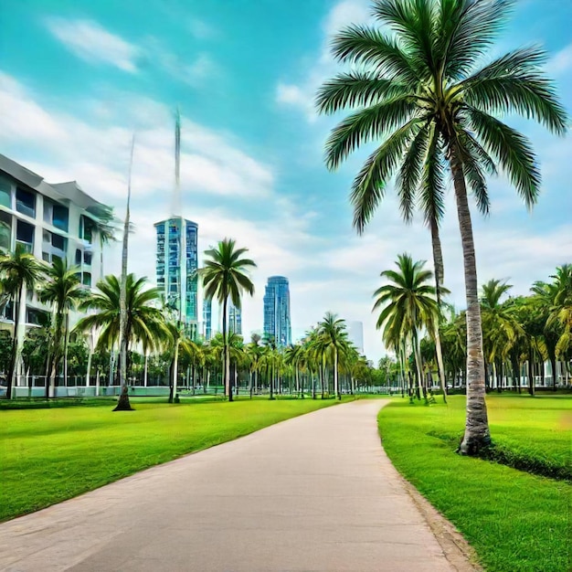 a palm tree is next to a path that has palm trees on it