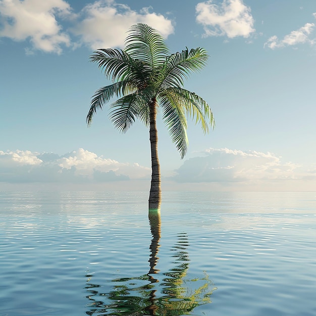 a palm tree is reflected in the water with a palm tree in the foreground