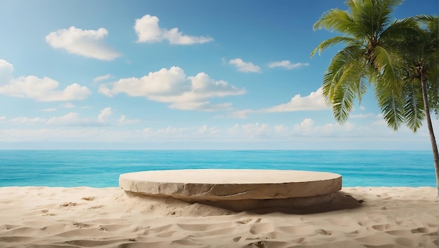 A palm tree is in the sand on a beach at sunset background