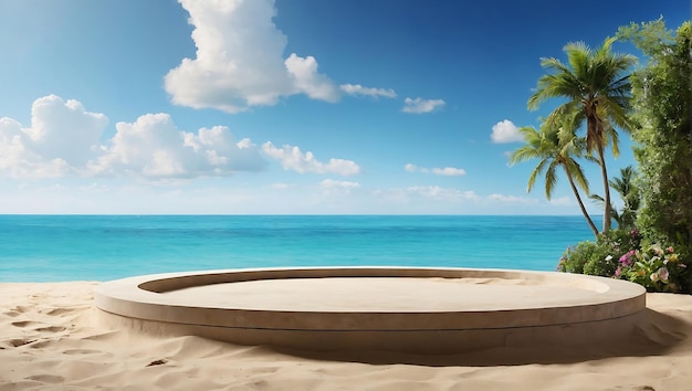 A palm tree is in the sand on a beach at sunset background