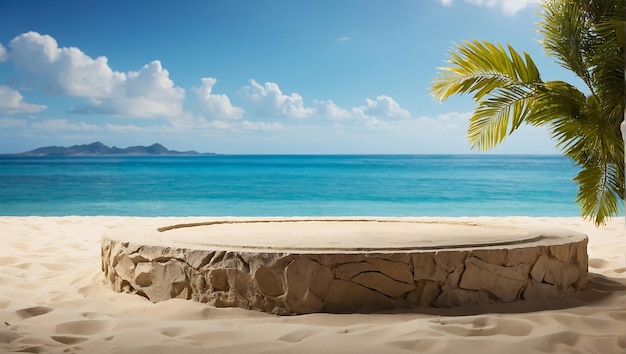 A palm tree is in the sand on a beach at sunset background