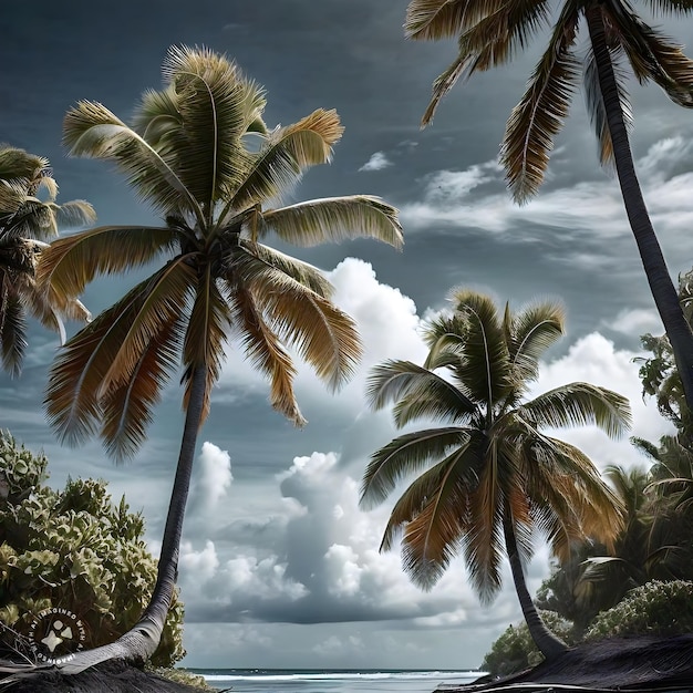 a palm tree is shown with a cloudy sky in the background