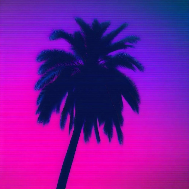 A palm tree is silhouetted against a pink and purple background.