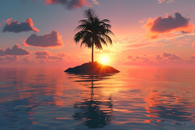 Photo a palm tree is in the water with a sunset in the background