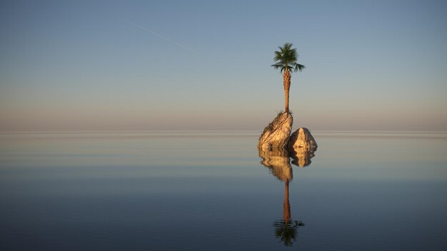 palm tree on an island in the middle of the ocean, 3D illustration, cg render