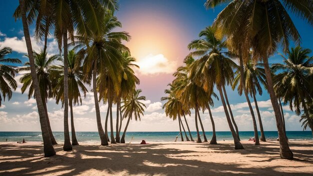 a palm tree lined beach is shown with a person sitting on the sand