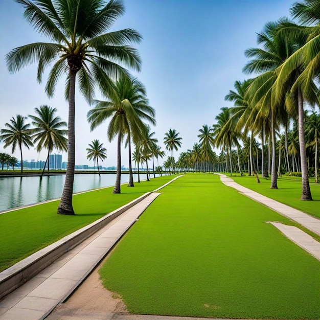 a palm tree lined path in front of a body of water