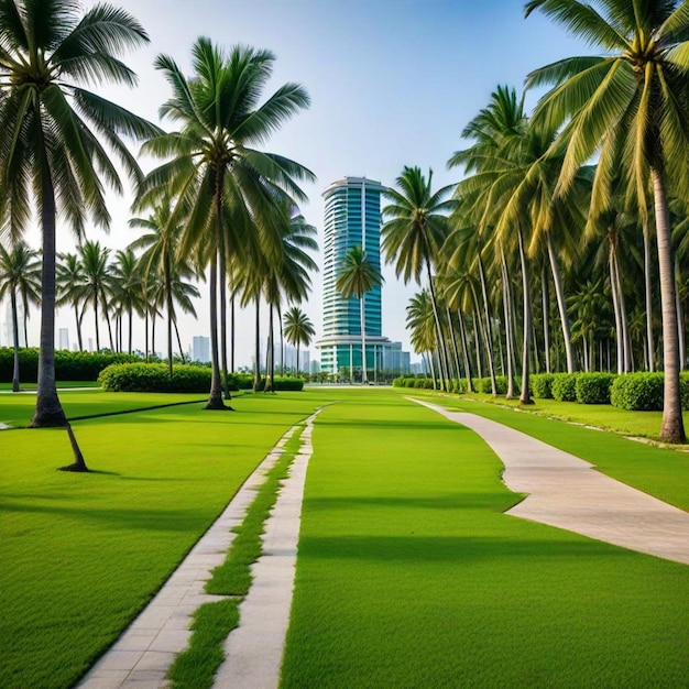 a palm tree lined path leads to a building with a building in the background