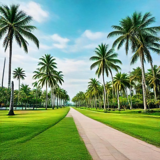 a palm tree lined path leads to a palm tree lined path