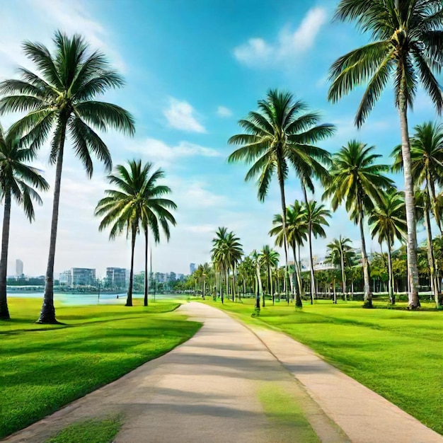 a palm tree lined path leads to palm trees