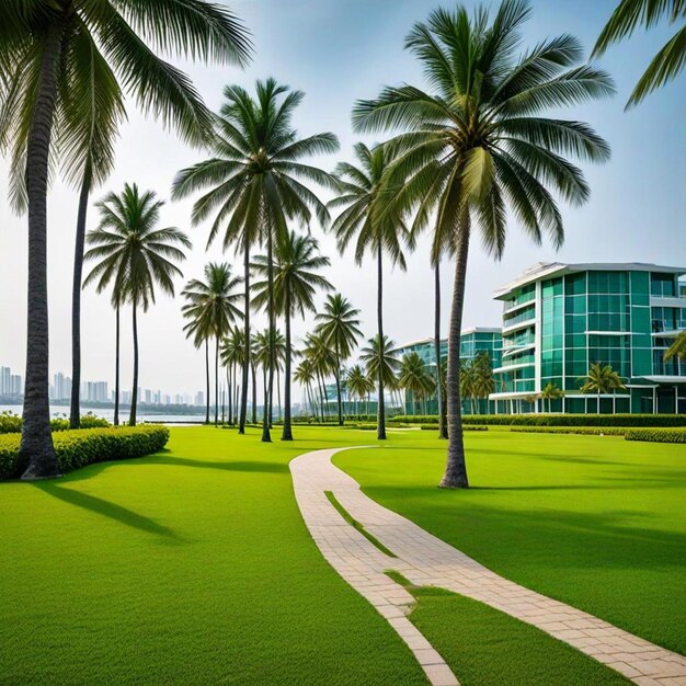 a palm tree lined path leads to palm trees