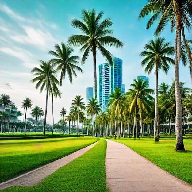 a palm tree lined path in a park with a building in the background