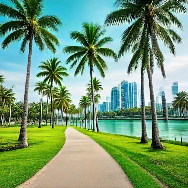 a palm tree lined path with buildings in the background