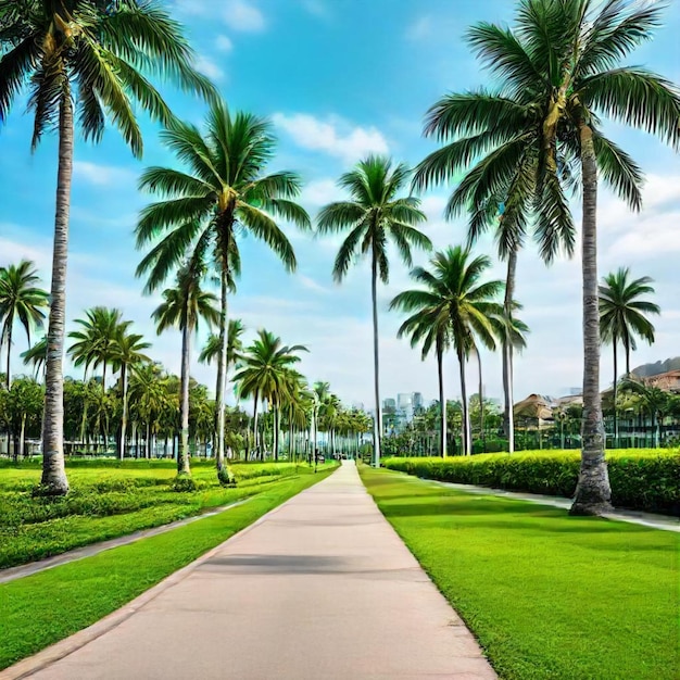 a palm tree lined path with a palm tree in the background