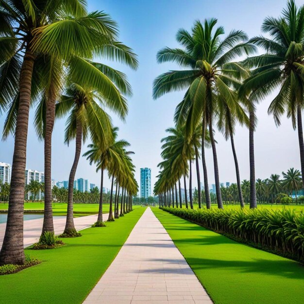 a palm tree lined path with a walkway leading to a palm tree lined walkway