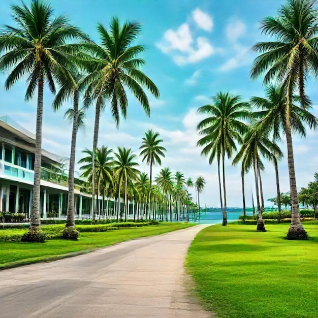 a palm tree lined road is next to a building