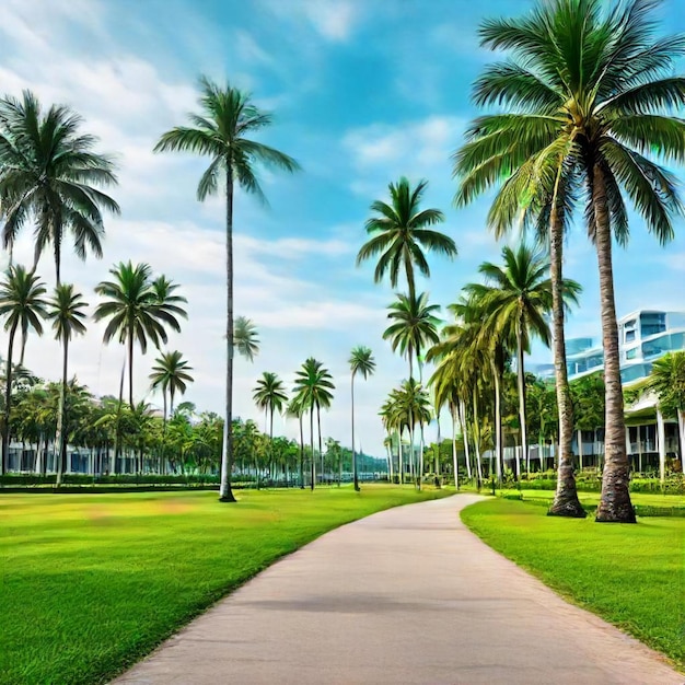 a palm tree lined road is shown in the background