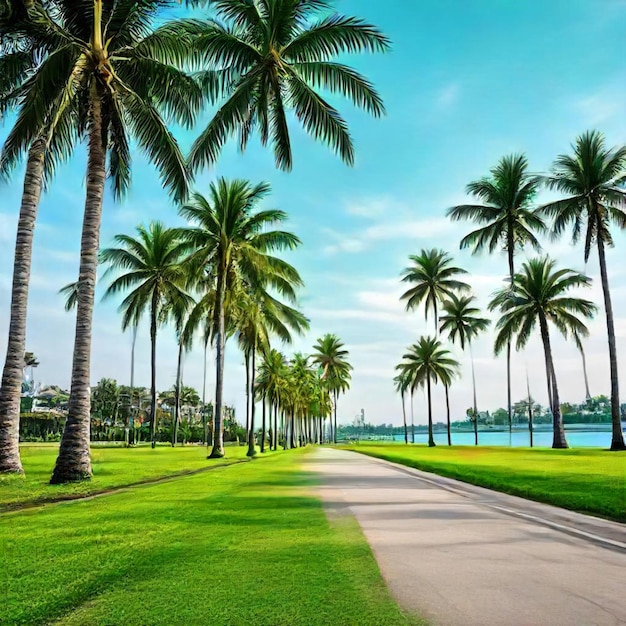 a palm tree lined road is shown in the foreground of a palm tree lined road