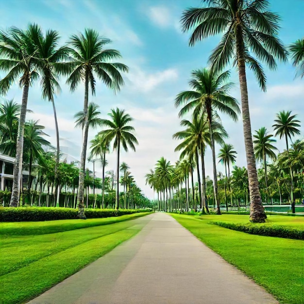 a palm tree lined road with a building in the background