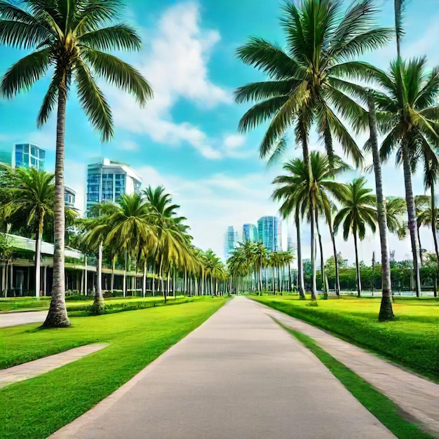 a palm tree lined road with buildings in the background