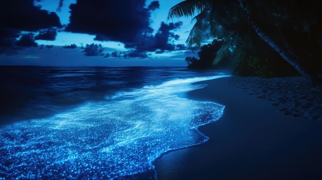 Palm tree on nighttime beach