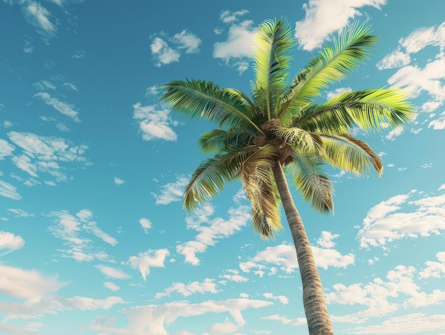 Palm Tree Silhouette Against Blue Sky with White Clouds