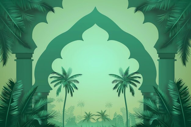 Palm tree silhouette greeting card for mawlid al nabi in green black and gold colors