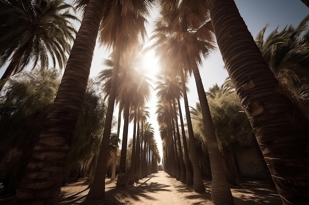 Palm tree silhouettes against sky bottom view Generative AI