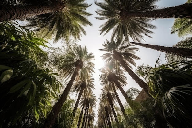 Palm tree silhouettes against sunset sky Generative AI