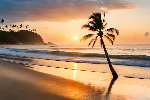 A palm tree stands in the water at sunset.