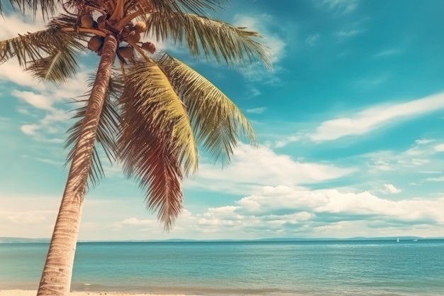 Palm tree on tropical beach with blue sky and white clouds abstract background Copy space of summer