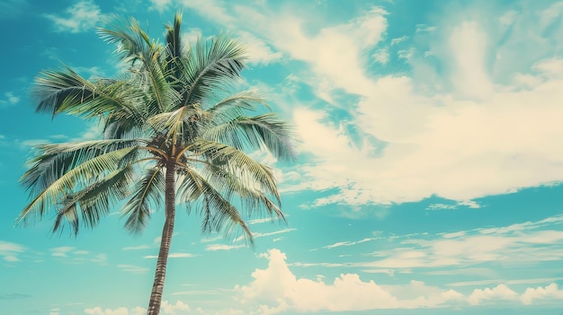 Palm tree on tropical beach with blue sky and white clouds abstract background generative ai