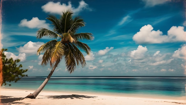 Palm tree on tropical beach with blue sky and white clouds abstract background summer background