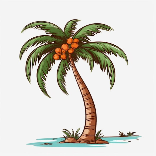 A palm tree on a white background with a drawing of coconuts