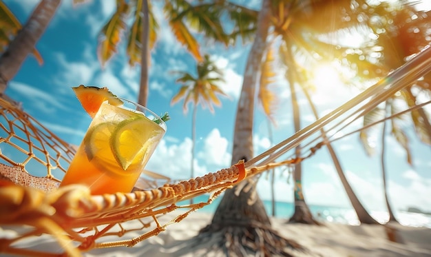 Photo a palm tree with a bottle of coconut and palm trees on the beach