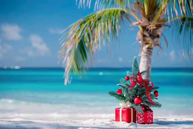 Photo a palm tree with a christmas tree on top of it is on a beach