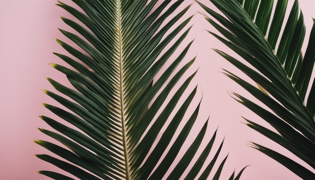 A palm tree with green leaves and a pink background