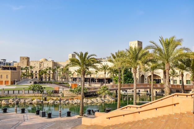 palm trees are in front of a building with a palm tree in the background UAE Dubai city