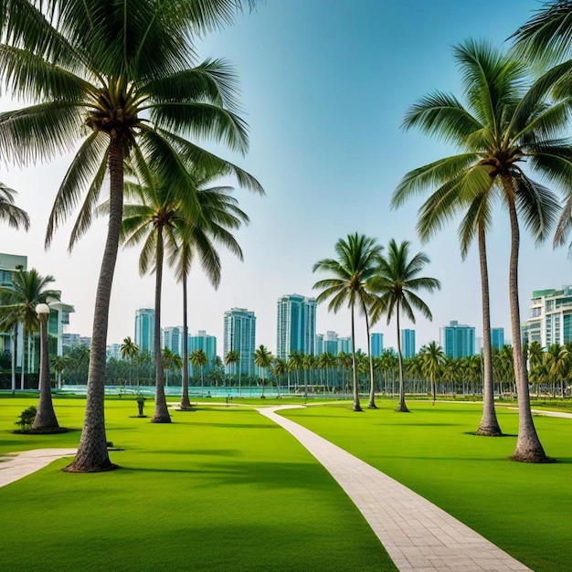 Photo palm trees are in a park with buildings in the background