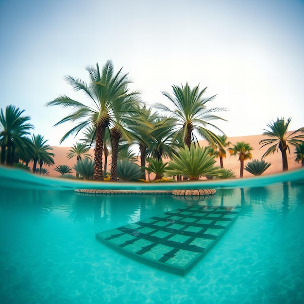 Photo palm trees are reflected in a pool with a mat that says  palm trees