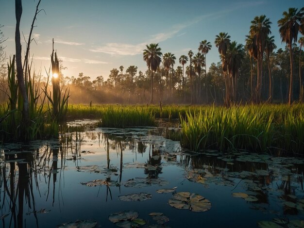 Photo palm trees are reflected in the water with the sun setting behind them