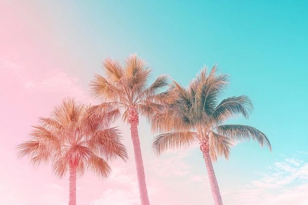 Photo palm trees are shown with a pink and blue sky in the background