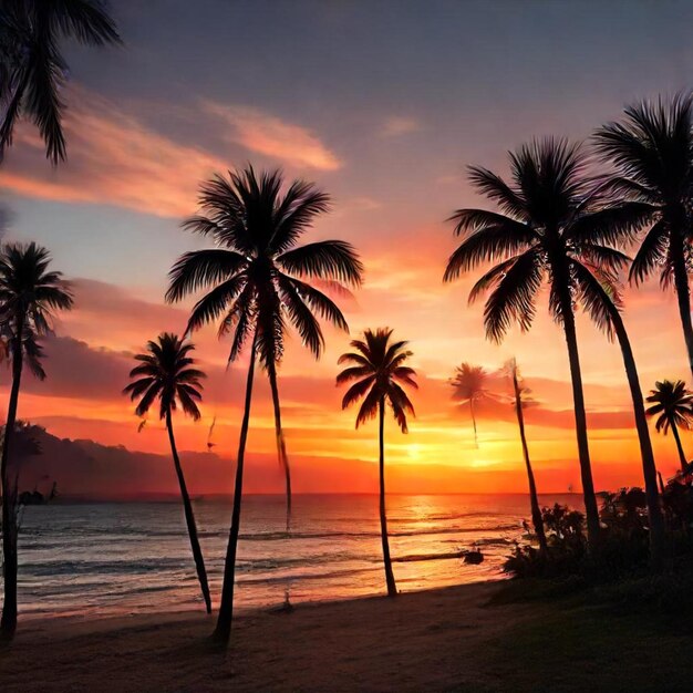 palm trees on the beach and the sun setting behind them