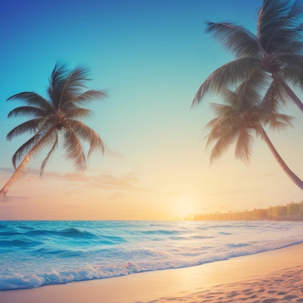 palm trees on the beach and the sun setting behind them