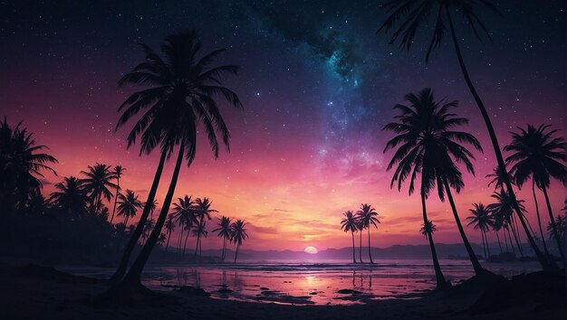 Palm trees on a beach at sunset Palm trees on a beach at sunset with a starry night sky