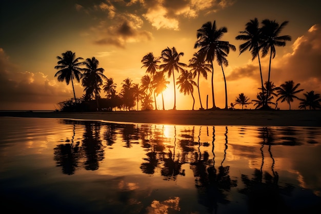 Palm trees on the beach at sunset