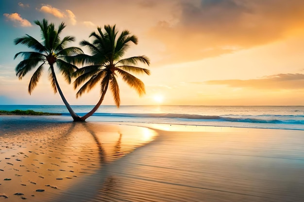 Palm trees on a beach at sunset